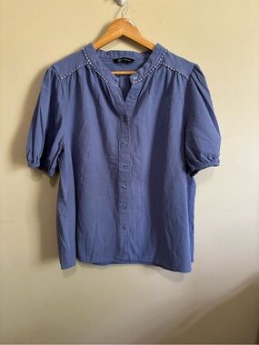 PrettyGarden Dusty Blue Boho Peasant Button Front Puff Sleeve Blouse XL